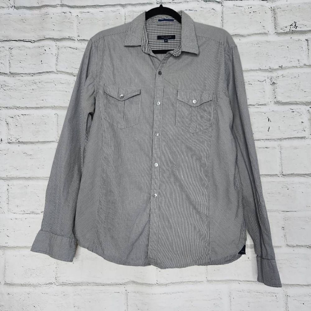 Ted Baker Button Down Casual Shirt Black White Check Mens Size 4 Large Morston